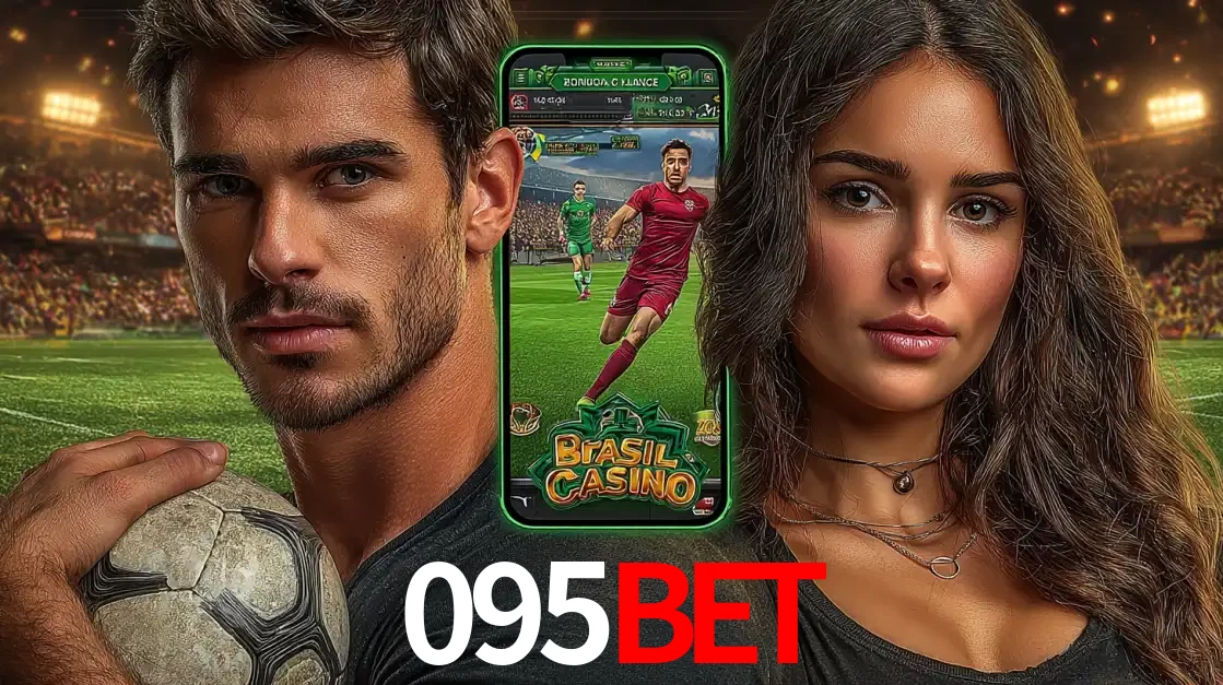 Homem segurando uma bola de futebol e uma mulher ao lado de um smartphone exibindo o jogo de apostas esportivas da 095BET. Faça seu palpite no cassino online.